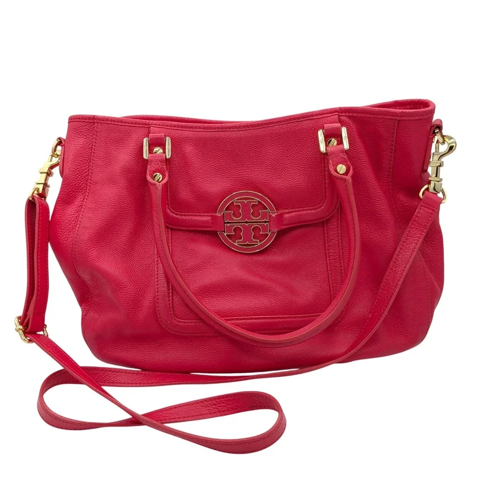 Tory Burch Amanda Hobo Classic Handle Tote Pink Pebbled Leather Crossbody Bag